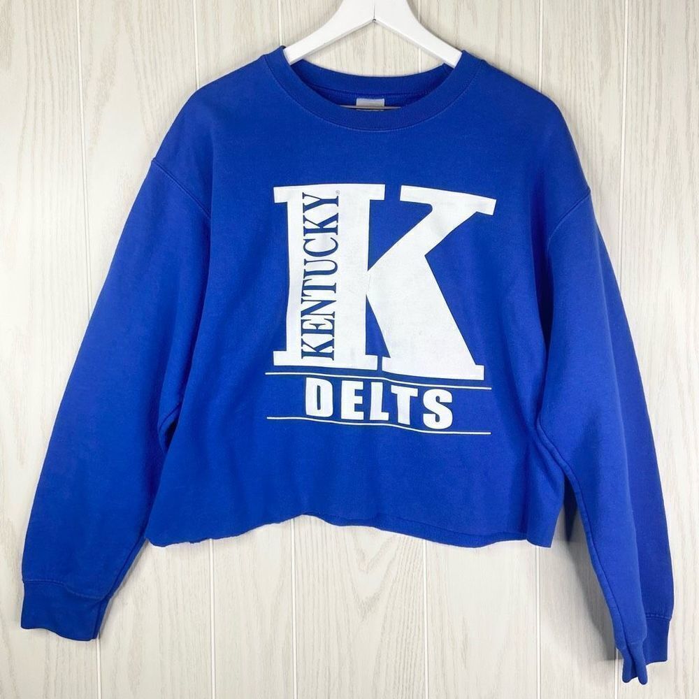 Gildan Heavy Blend Women's Blue White Kentucky Delts Cutoff Sweatshirt Medium